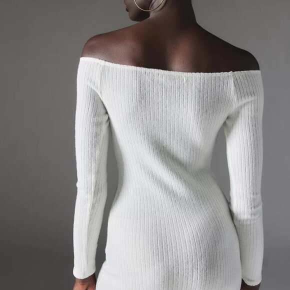 NWT UO Silence + Noise Cookie Cozy Off the Shoulder Cream Knit Midi Dress - Picture 3 of 6